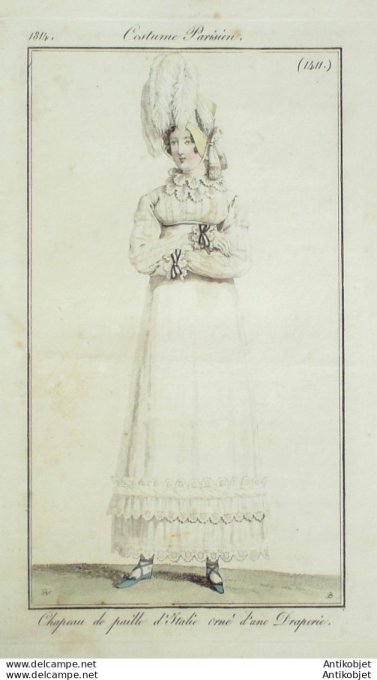 Gravure de mode Costume Parisien 1814 n°1411 Chapeau de paille d'Italie