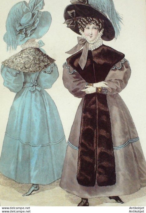 Gravure de mode Costume Parisien 1828 n°2656 Palatine de martre  Pélerine Chinchilla