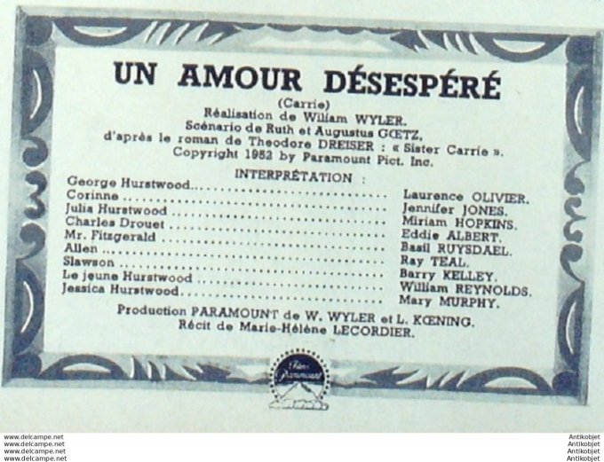 Un Amour Desespere Laurence Olivier Jennifer Jones + Film