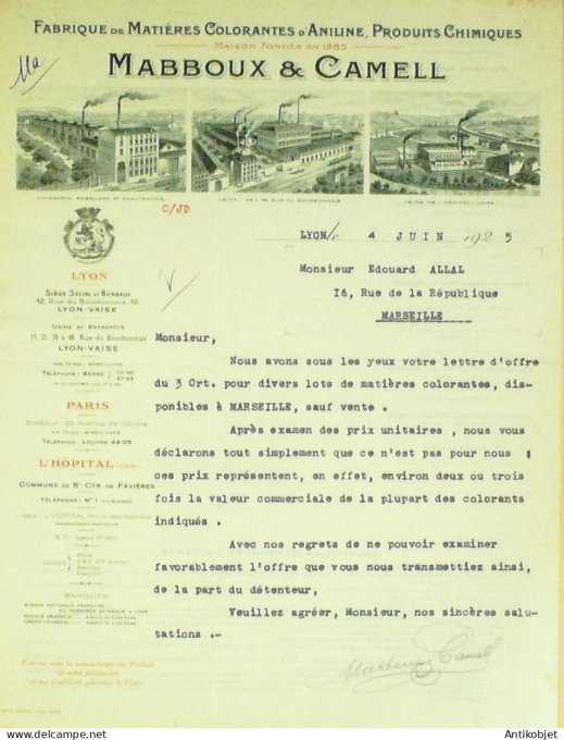 Lettre Ciale Mabboux Camell (Matière colorantes d'Aniline) 1925 Lyon (69)