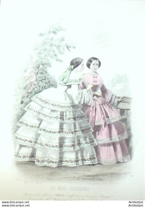 Gravure Les Modes Parisiennes 1852 # 698 Robes de promenade Maison Delisle