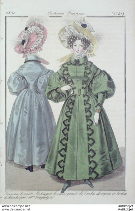 Gravure de mode Costume Parisien 1830 n°2841 Redingote de satin garnie de bandes