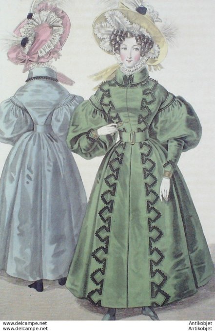 Gravure de mode Costume Parisien 1830 n°2841 Redingote de satin garnie de bandes