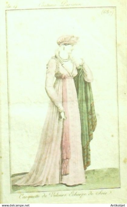 Costume Parisien 1806 an 14 # 687 (eau forte) Casquette velours écharpe