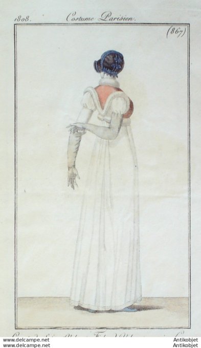 Gravure de mode Costume Parisien 1808 n° 867 Fichu velours garni en cygne