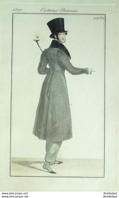 Gravure de mode Costume Parisien 1820 n°1921 Pardessus en velours