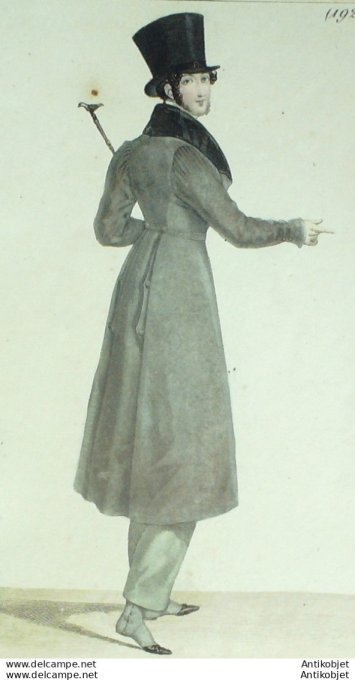 Gravure de mode Costume Parisien 1820 n°1921 Pardessus en velours