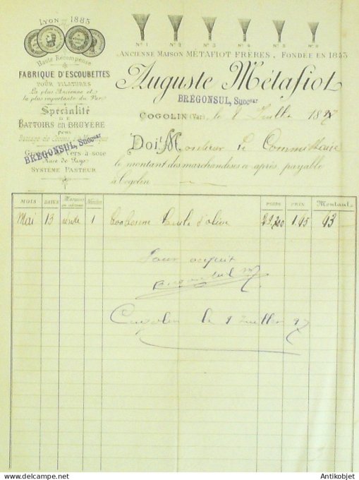 Facture d'Auguste Métafiot (Fabrique d'Escouttes) 1897 à Cogolin (83)