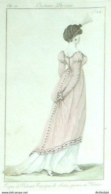 Costume Parisien 1804 an 12 # 524 (eau forte) Tunique de satin toque