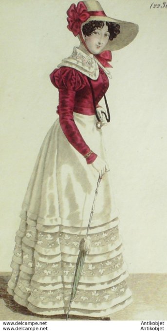 Gravure de mode Costume Parisien 1824 n°2236 Spencer gros de Naples Robe d'Organdy