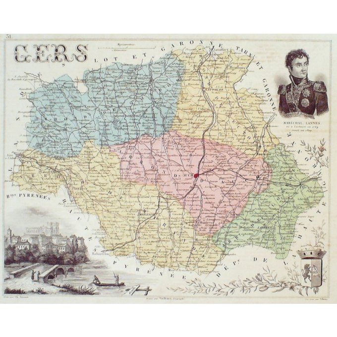 Carte Gers (32) Auch Graveur Villerey 1871