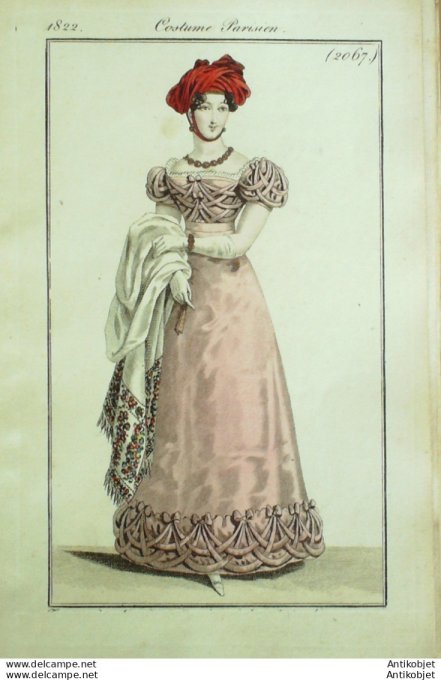 Gravure de mode Costume Parisien 1822 n°2067 Robe satin garnie d'un bouillon