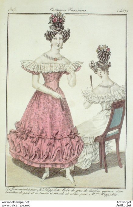 Gravure de mode Costume Parisien 1828 n°2657 Robe gros de Naples garnie d'un bouillon