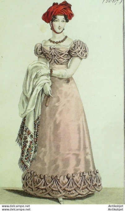 Gravure de mode Costume Parisien 1822 n°2067 Robe satin garnie d'un bouillon