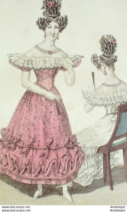 Gravure de mode Costume Parisien 1828 n°2657 Robe gros de Naples garnie d'un bouillon