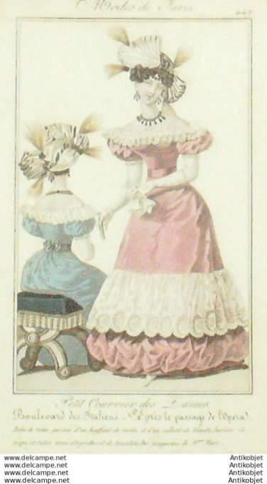 Gravure Mode Courrier des Dames 1825 #  449 (eau forte old Fashion plate)