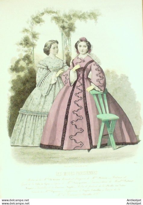 Gravure Les Modes Parisiennes 1861 # 955 Robes gros de Turin Maison Plé-Horain