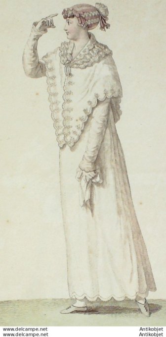 Gravure de mode Costume Parisien 1808 n° 869 Fichu brodé à collet abattu