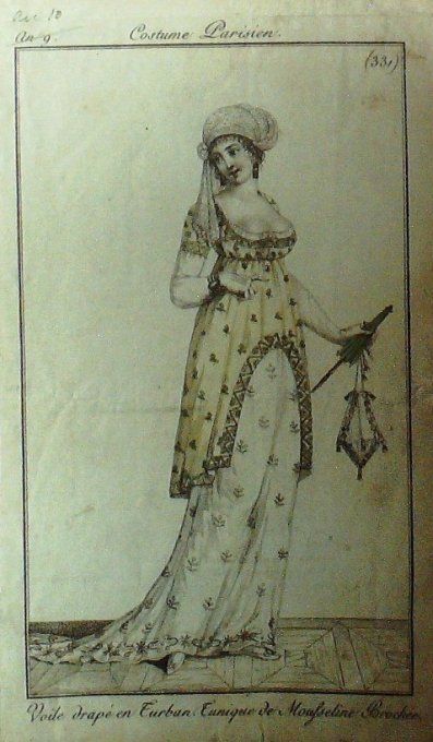 Gravure Mode Costume Parisien 1801 an 10 # 331 (eau forte old Fashion plate