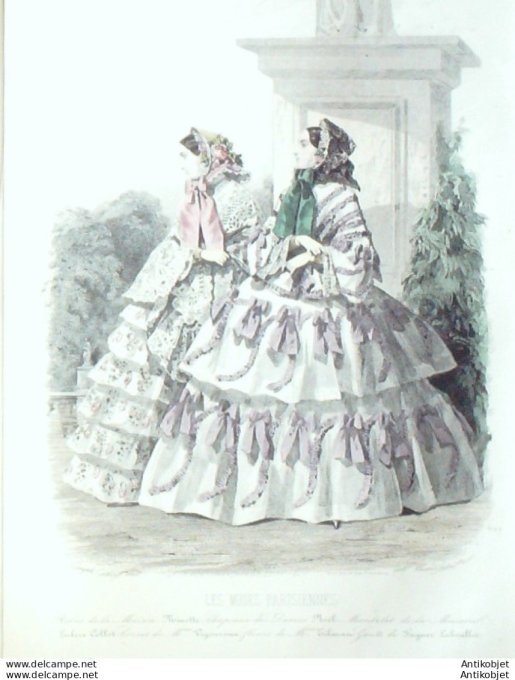 Gravure Les Modes Parisiennes 1852 # 699 Robes gros de Naples Maison Minette