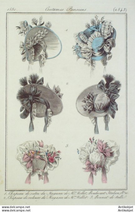 Costume Parisien 1830 # 2843 Bonnet de tulle Chapeaux de satin