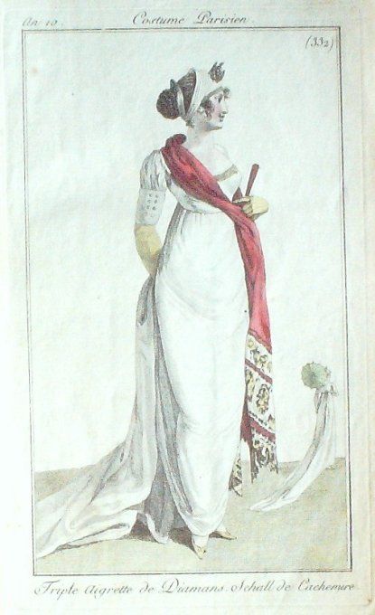 Gravure Mode Costume Parisien 1801 an 10 # 332 (eau forte old Fashion plate