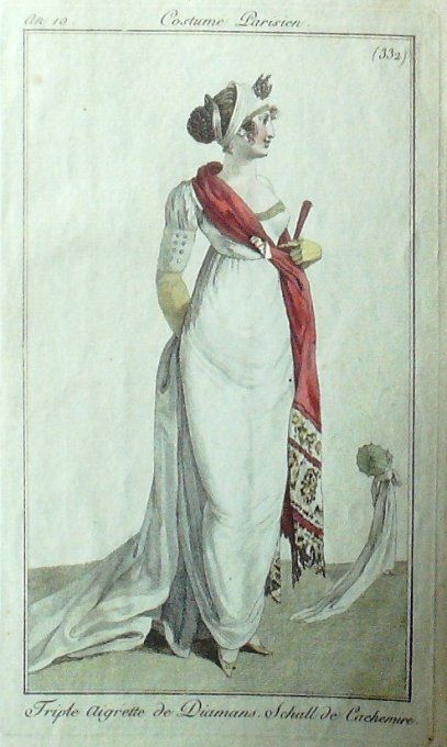 Gravure Mode Costume Parisien 1801 an 10 # 332 (eau forte old Fashion plate