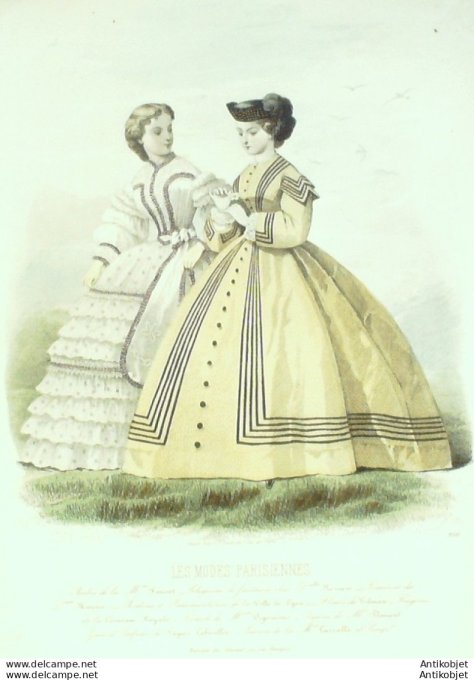 Gravure Les Modes Parisiennes 1861 # 956 Robes en lin Maison Fauvet