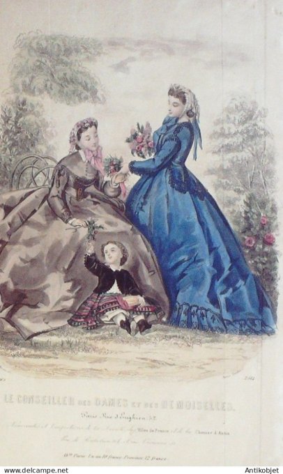 Gravure Mode Conseiller des Dames 1865 #  2 (aquarellee Old Fashion plate)