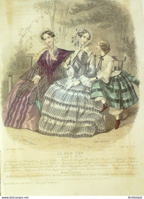 Gravure Mode Le Bon Ton 1852 19 # 34b (aquarelle old fashion plate)