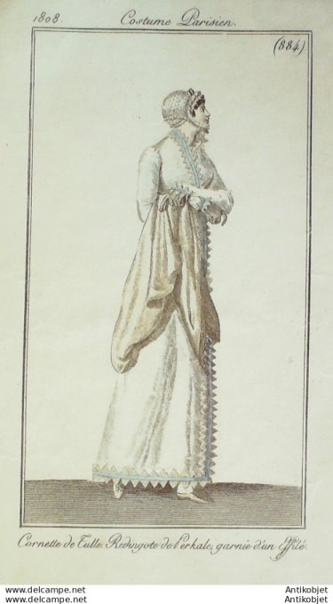 Gravure de mode Costume Parisien 1808 n° 884 Redingote de Perkale