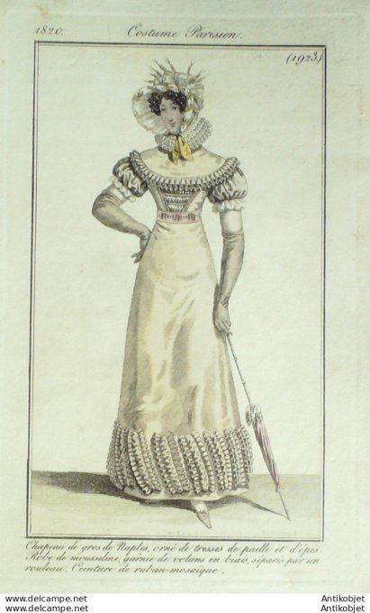 Gravure de mode Costume Parisien 1820 n°1923 Robe mousseline garnie de volants