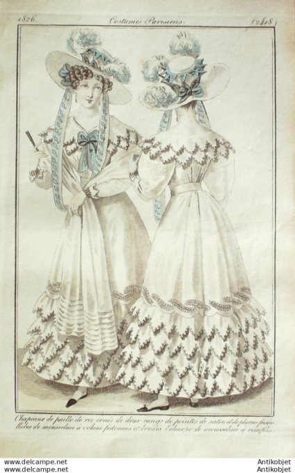 Gravure de mode Costume Parisien 1826 n°2418 Robes mousseline à volans festonnées