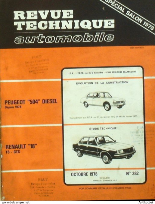 Revue Tech. Automobile 1978 n°382 Renault 18 Peugeot 504 diesel