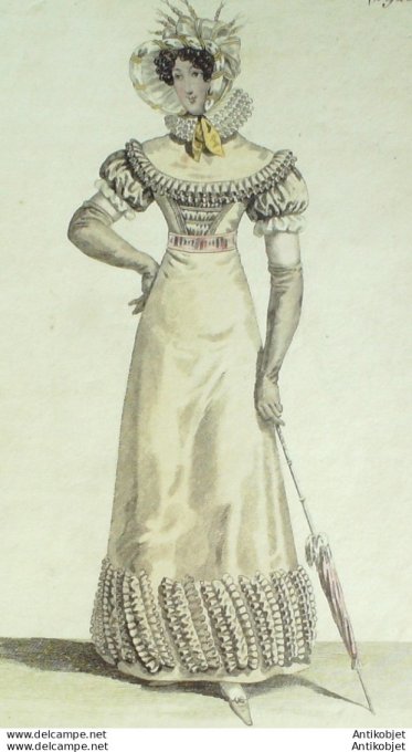 Gravure de mode Costume Parisien 1820 n°1923 Robe mousseline garnie de volants