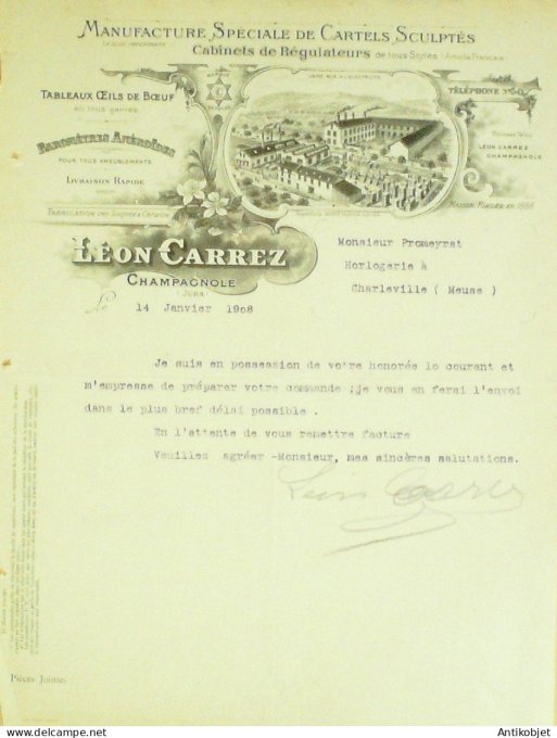 Lettre Ciale Léon Carrez (régulateurs Cartels sculptés) 1908 à Champagnole