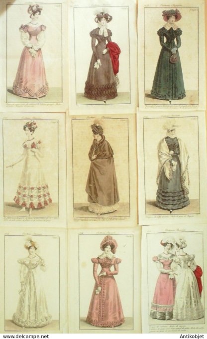 Gravures de mode Costume Parisien 1823 à 1824 Lot 12 9 pièces