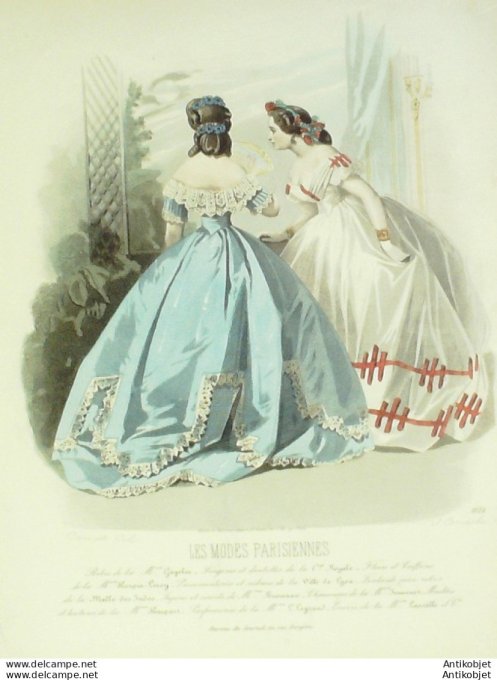 Gravure Les Modes Parisiennes 1863 #1124 Robes satin Maison Cagelin