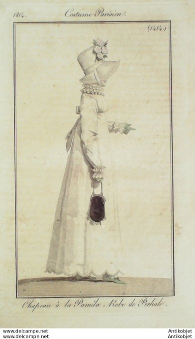 Gravure de mode Costume Parisien 1814 n°1414 Robe perkale