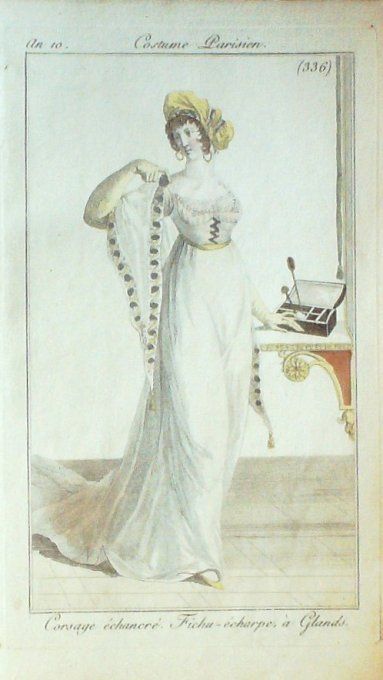 Gravure Mode Costume Parisien 1801 an 10 # 336 (eau forte old Fashion plate