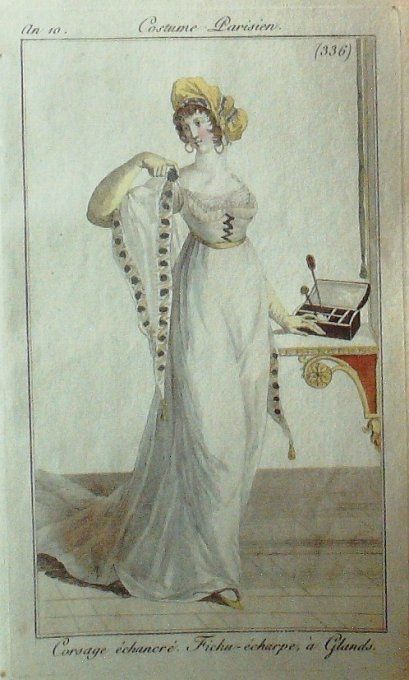 Gravure Mode Costume Parisien 1801 an 10 # 336 (eau forte old Fashion plate