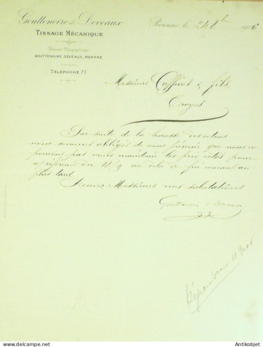 Lettre Ciale Gouttenoire & Devaux (tissage mécanique) 1906 Roanne (42)