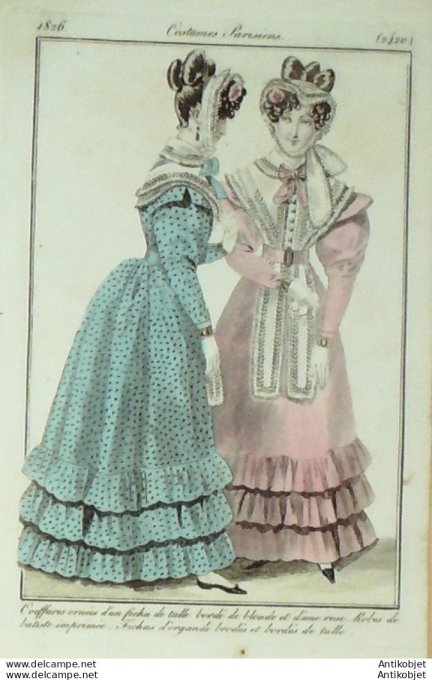 Gravure de mode Costume Parisien 1826 n°2420 Robes de Batiste imprimée