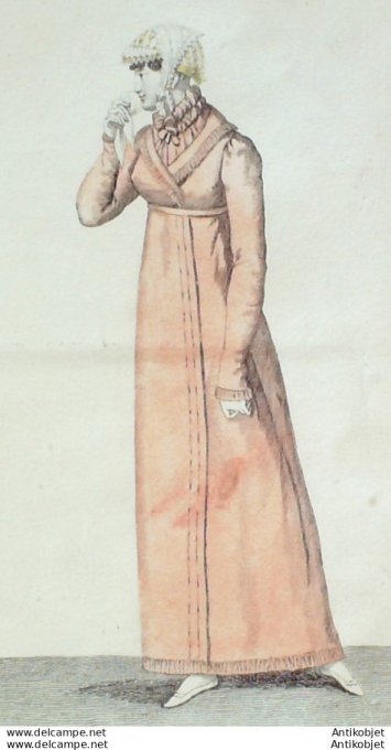 Gravure de mode Costume Parisien 1808 n° 889 Bonnet de tulle & taffetas