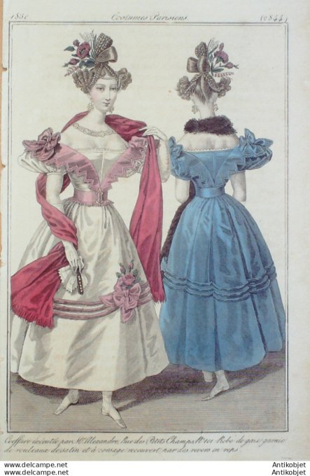Gravure de mode Costume Parisien 1830 n°2844 Robe de gaze garnie de rouleaux