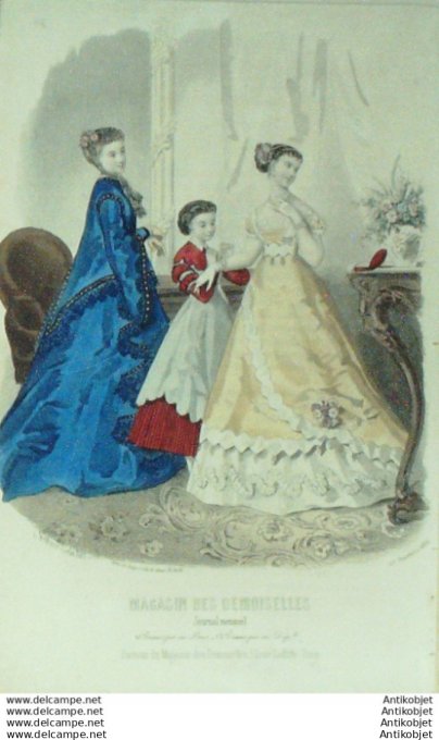 Gravure Mode Magasin Demoiselles 1866 # 12 (aquarellee Old Fashion plate)