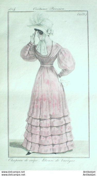 Gravure de mode Costume Parisien 1824 n°2238 Blouse de Barèges chapeau crêpe
