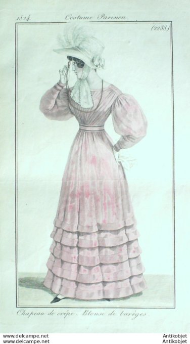 Costume Parisien 1824 # 2238 Blouse de Barèges chapeau crêpe