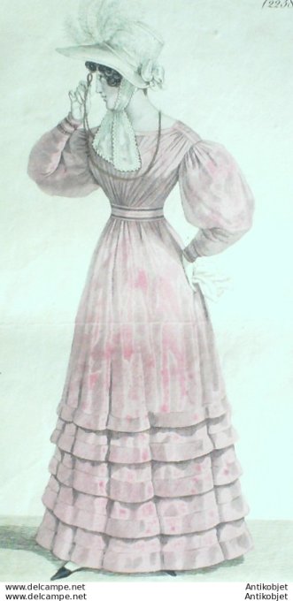 Gravure de mode Costume Parisien 1824 n°2238 Blouse de Barèges chapeau crêpe