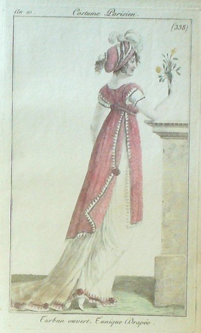 Gravure Mode Costume Parisien 1801 an 10 # 338 (eau forte old Fashion plate